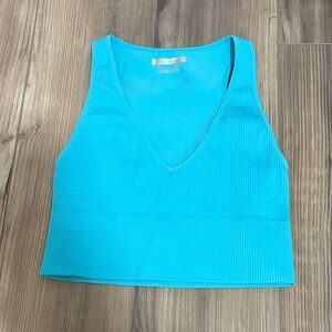 Turquoise Ribbed V-Neck Crop Tank Top